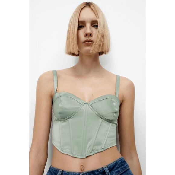 Zara Tops - ZARA NWT SZ XS SATIN EFFECT CORSET TOP BUSTIER GREEN